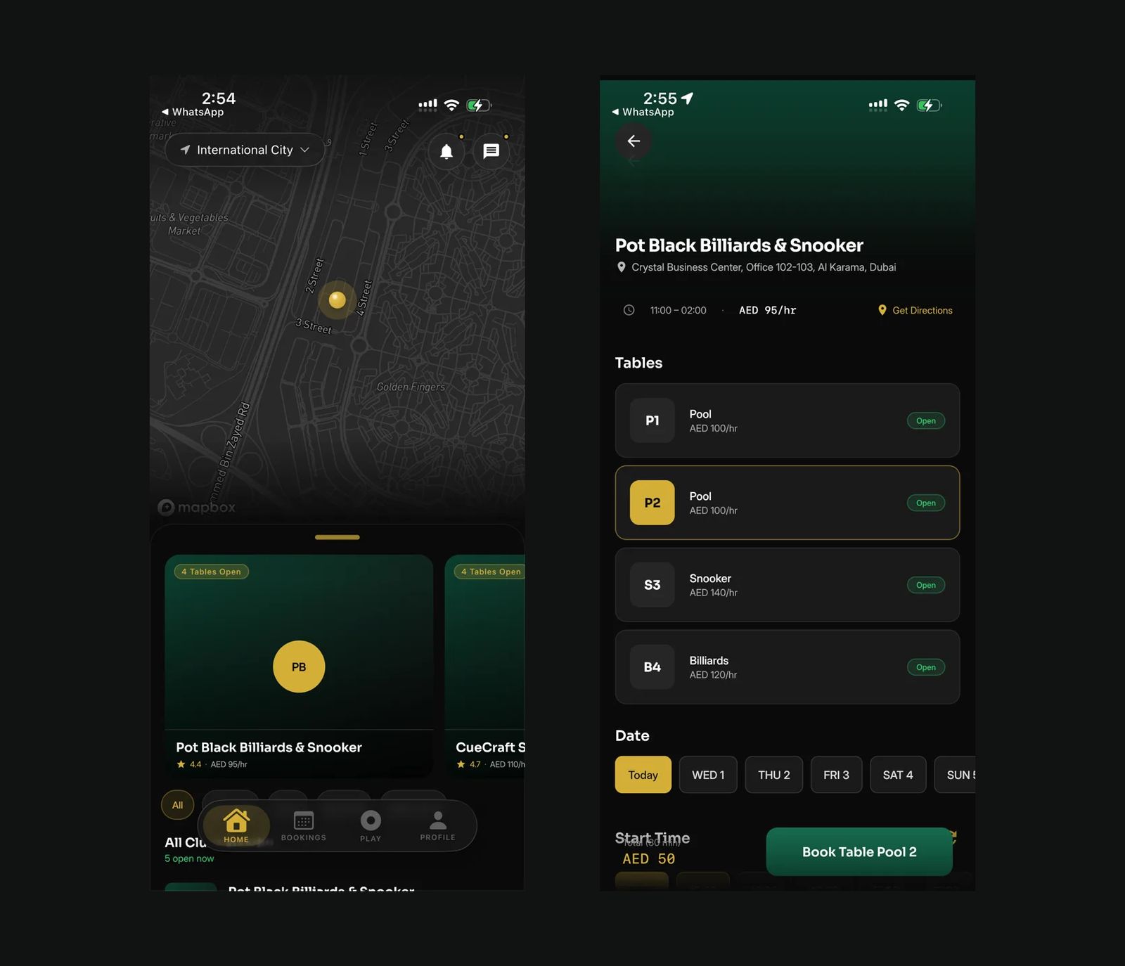 Two Snook A Look iPhone screens: clubs on the map, and a club's booking page